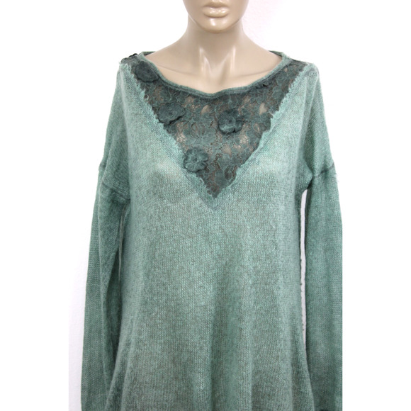 Kosmika Womens OS Sweater Pullover Open Knit Green Mohair Blend Italy - Picture 2 of 8
